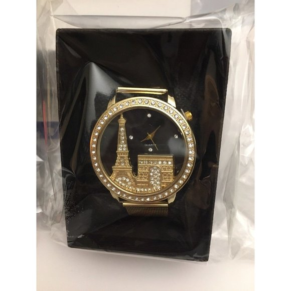 Paris Eiffel Tower Rhinestone Dial QuartzAnalog Wrist Set Watch StainlessSteel - Picture 2 of 3